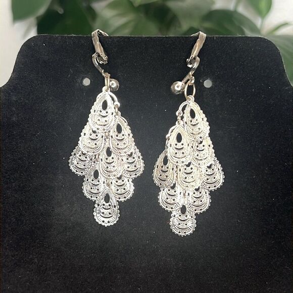 Bohemian Silver Tone Ornate Feather Dangle Clip-On Earrings - Picture 1 of 4